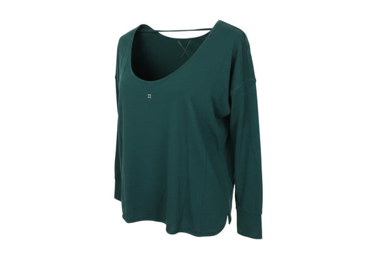 Prewornwholesale forest green Sweaty Betty long sleeve pullover sweatshirt with a wide crew neck and relaxed fit.