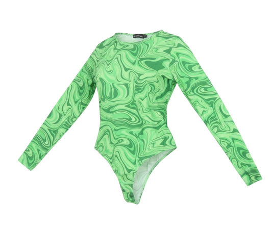 Prewornwholesale green 70s-inspired swirl print long sleeve bodysuit in soft stretch jersey fabric