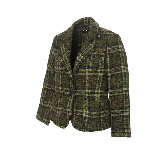 Prewornwholesale Matalan women's green tweed check wool blend blazer with frayed trim and single-button fastening.