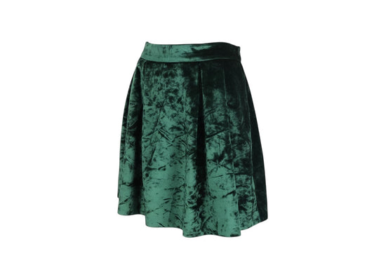 Prewornwholesale emerald green crushed velvet skater mini skirt with a high-rise waistband and pleated flared design.