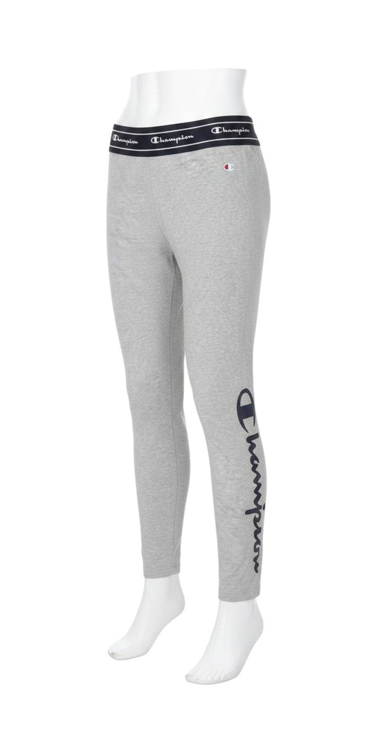 Prewornwholesale grey Champion women's leggings with elastic logo waistband and script logo on the leg