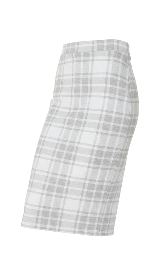 Prewornwholesale grey and white check high-waisted pencil skirt in a knee-length silhouette