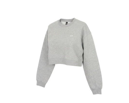 Prewornwholesale grey cropped pullover sweatshirt with LOVE embroidery on the chest and ribbed cuffs