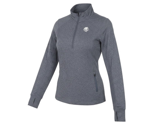 Prewornwholesale grey equestrian long sleeve 1/4 zip pullover with thumbholes and moisture-wicking knit fabric