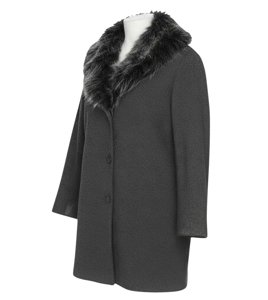Prewornwholesale TU grey textured overcoat with a luxurious faux fur collar and button front closure.