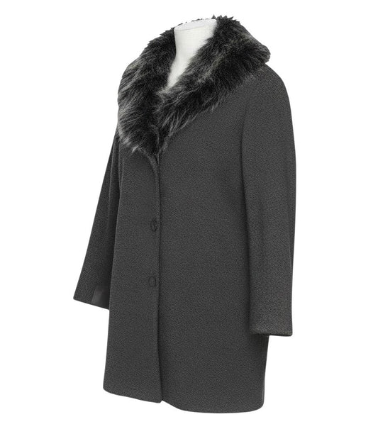 Prewornwholesale TU grey textured overcoat with a luxurious faux fur collar and button front closure.