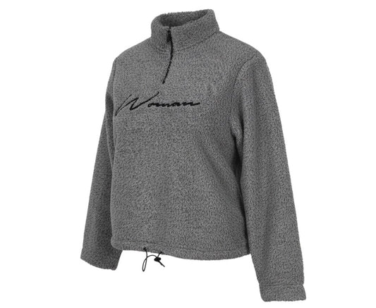 Prewornwholesale grey teddy fleece sweatshirt with a black quarter-zip neck, long sleeves, and a script logo.