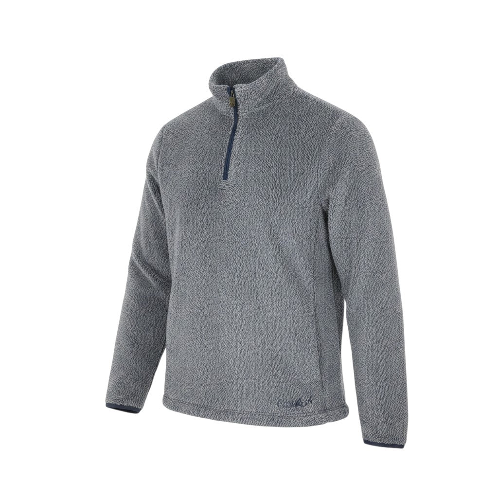 Prewornwholesale grey textured fleece sweatshirt with a quarter-zip neck, navy trim, and long sleeves.