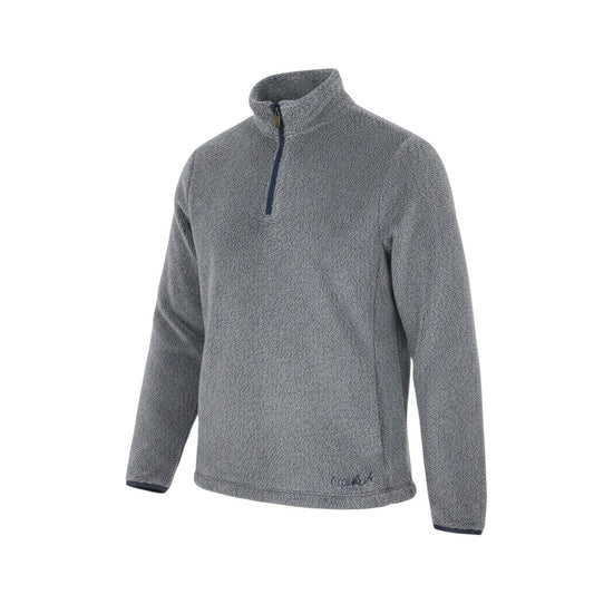 Prewornwholesale grey textured fleece sweatshirt with a quarter-zip neck, navy trim, and long sleeves.