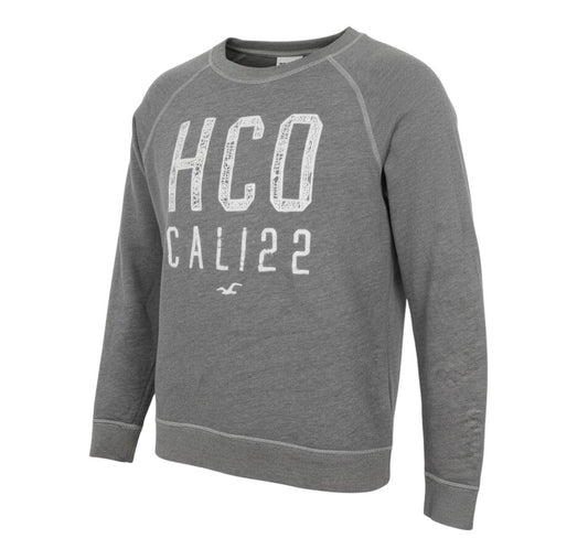 Prewornwholesale grey Hollister crew neck pullover sweatshirt with white distressed HCO CALI 22 lace appliqué logo