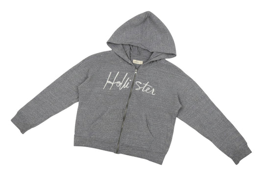 Prewornwholesale grey Hollister full zip fleece hoodie with white script logo and front pockets