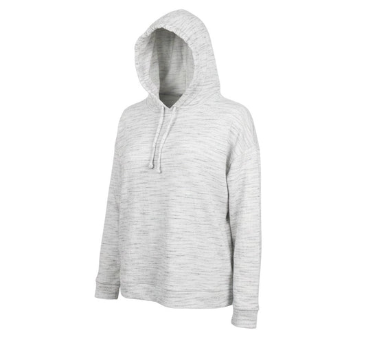 Prewornwholesale grey marl pullover hoodie with drawstring hood and front pouch pockets in soft jersey fabric