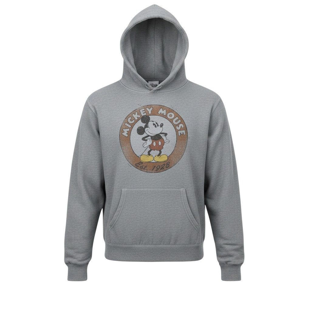 Prewornwholesale grey cotton blend fleece hoodie featuring a vintage-style Mickey Mouse graphic print and front pocket