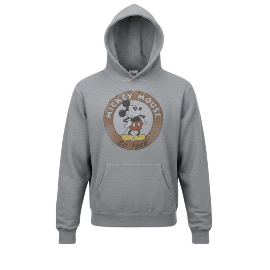 Prewornwholesale grey cotton blend fleece hoodie featuring a vintage-style Mickey Mouse graphic print and front pocket