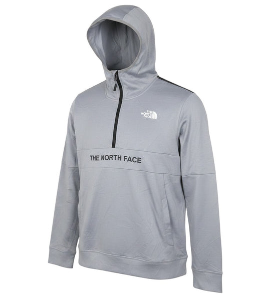 Prewornwholesale The North Face grey 1/4 zip hooded fleece pullover with black shoulder panels and chest logo.