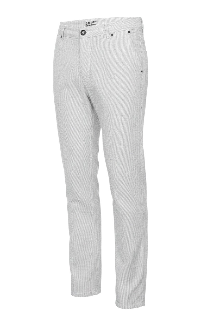 Prewornwholesale women's straight leg jeans in a light grey and white pinstripe cotton fabric