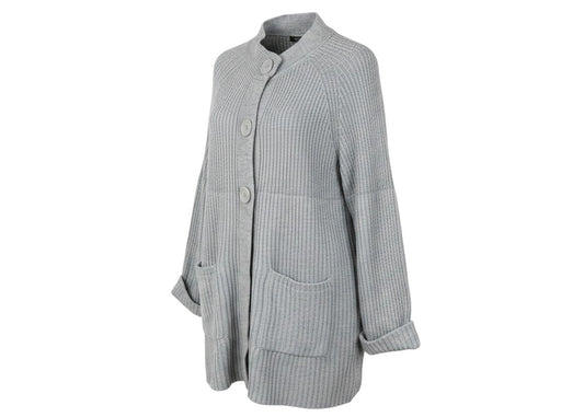 Prewornwholesale grey rib knit cardigan with button front, collar, and patch pockets in a relaxed XL fit.