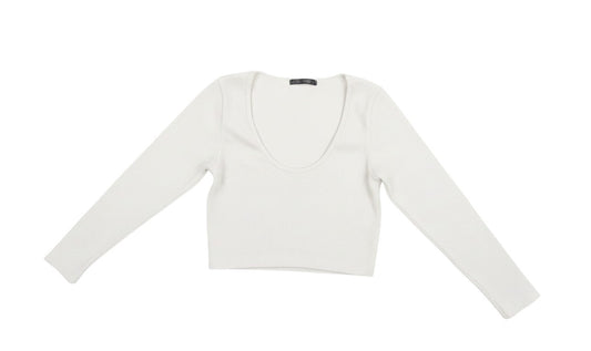 Prewornwholesale grey ribbed polyamide cropped long sleeve t-shirt with a scoop neck design