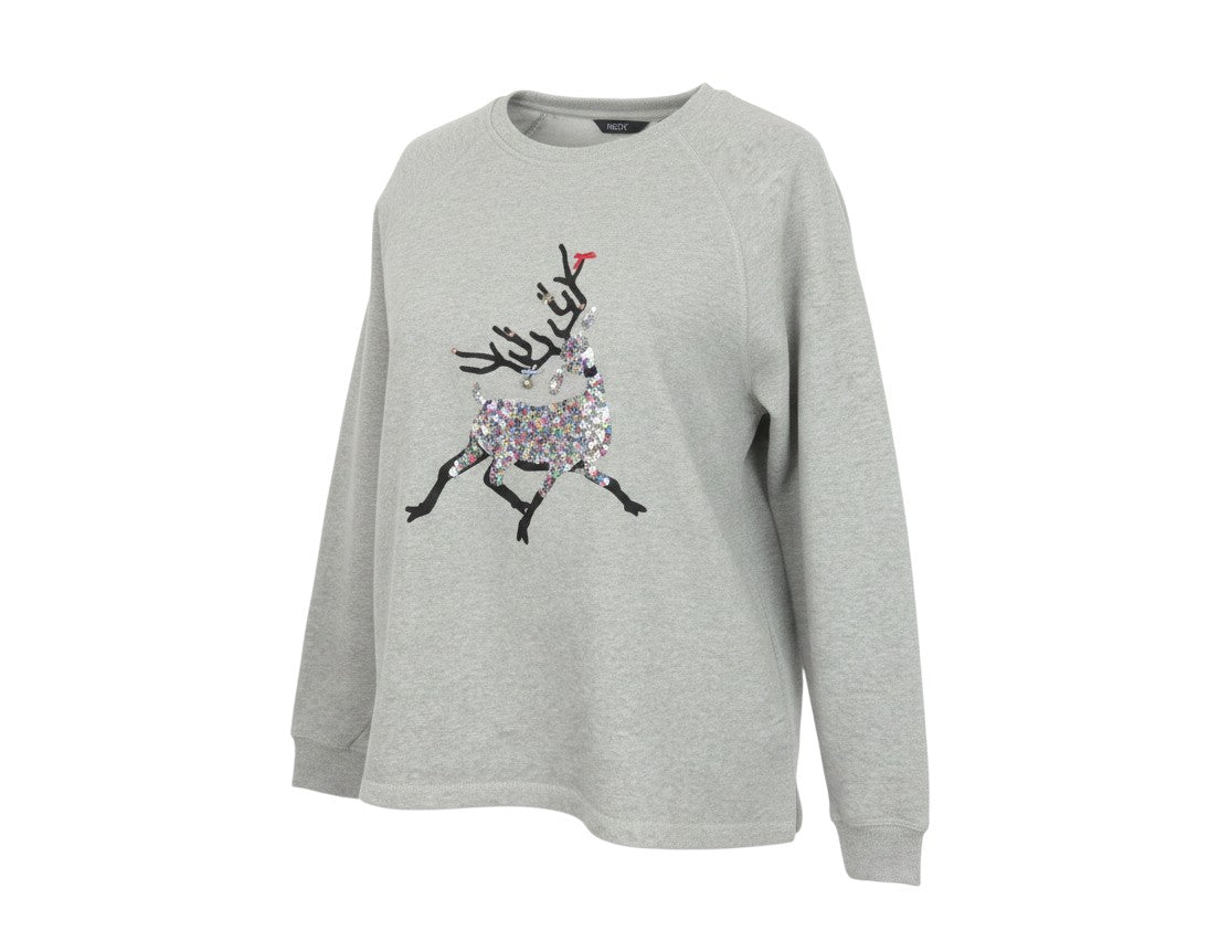Prewornwholesale grey cotton blend sweatshirt featuring a festive multi-coloured sequin reindeer design
