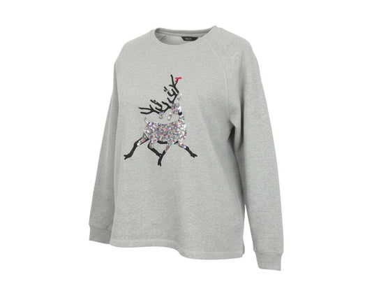 Prewornwholesale grey cotton blend sweatshirt featuring a festive multi-coloured sequin reindeer design