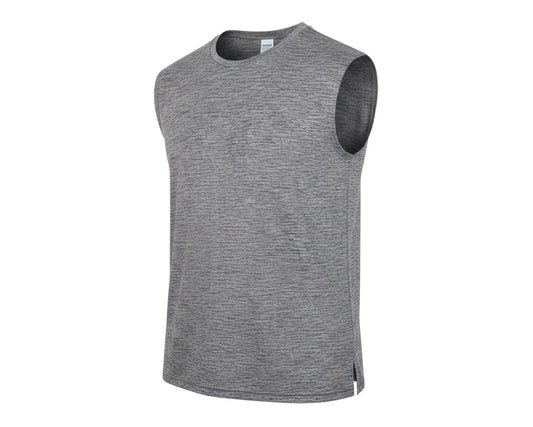 Prewornwholesale grey marled polyester sleeveless gym training t-shirt with a round neck and side hem vents.