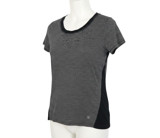 Prewornwholesale women's grey and black striped athletic running T-shirt with breathable mesh side panels