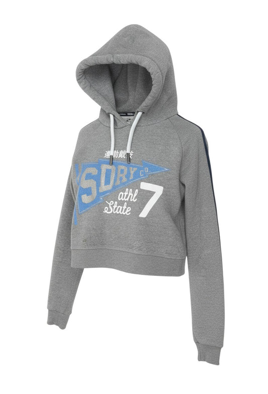 Prewornwholesale grey Superdry pullover hoodie with blue and white varsity graphic logo and white drawcords