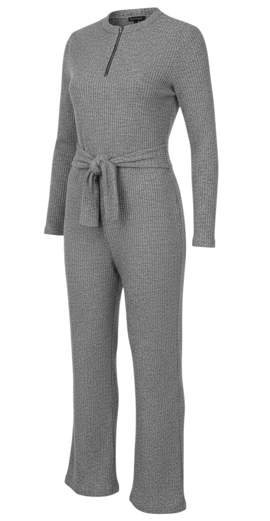 Prewornwholesale grey textured long-sleeve jumpsuit with a front zip and waist tie in a comfortable stretch knit fabric.