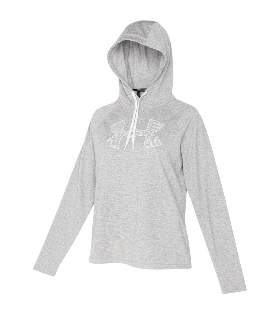 Prewornwholesale grey Under Armour HeatGear hooded long sleeve top with white logo and drawstring hood