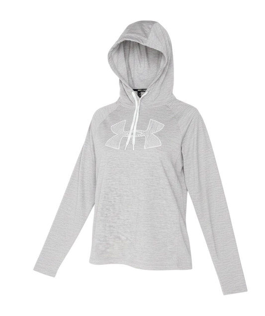 Prewornwholesale grey Under Armour HeatGear hooded long sleeve top with white logo and drawstring hood