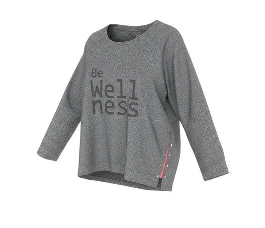 Prewornwholesale grey polyester pullover with round neck and Be Wellness graphic print and side snap button detail