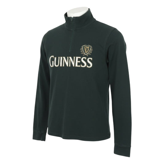 Prewornwholesale dark green Guinness women's 1/4 zip cotton sweatshirt with gold and white logo embroidery