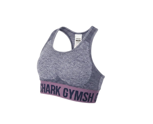 Prewornwholesale Gymshark blue-grey marl racerback sports bra with a purple logo elasticated underband