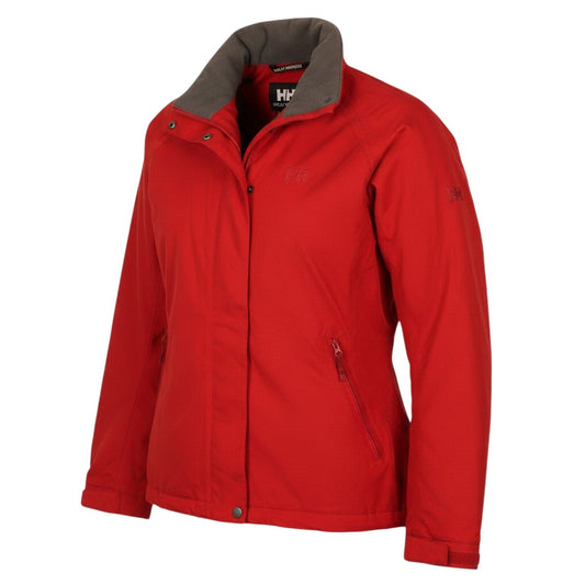 Prewornwholesale Helly Hansen women's red waterproof windbreaker jacket with a grey collar and full-zip front.