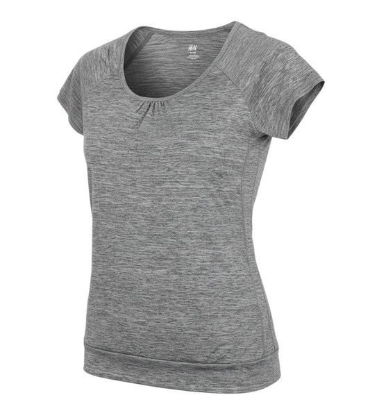 Prewornwholesale H&M women's grey polyester activewear t-shirt with short sleeves and a round neck