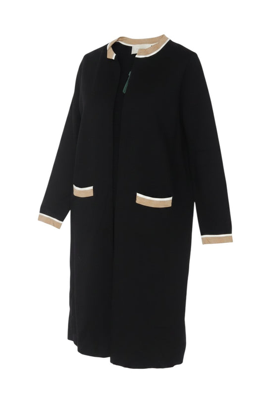 Prewornwholesale Hobbs longline black knit cardigan with beige and ivory contrast trim, collar, and front pockets.
