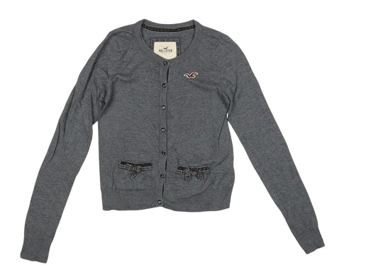 Prewornwholesale Hollister charcoal grey button-up cardigan with tartan bow pockets and embroidered seagull logo