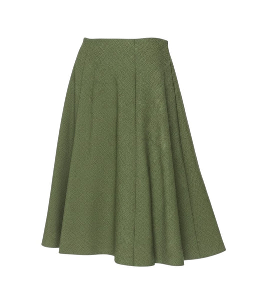 Prewornwholesale Honor Millburn moss-green A-line midi skirt in a textured polyester fabric with a flared silhouette.