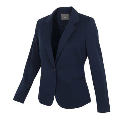 Prewornwholesale ICHI women's navy blue single-breasted stretch blazer with notch lapels and front welt pockets.