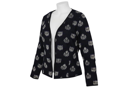 Prewornwholesale Isato blue viscose open front jacket with textured ivory floral pattern on a mannequin