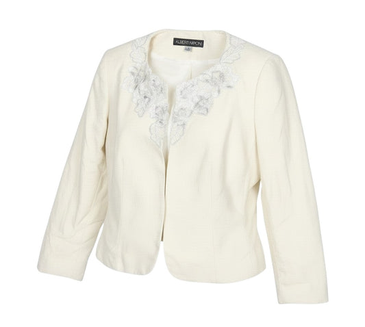 Prewornwholesale ivory wool silk blend occasion jacket with delicate floral embroidery and metallic thread detailing.