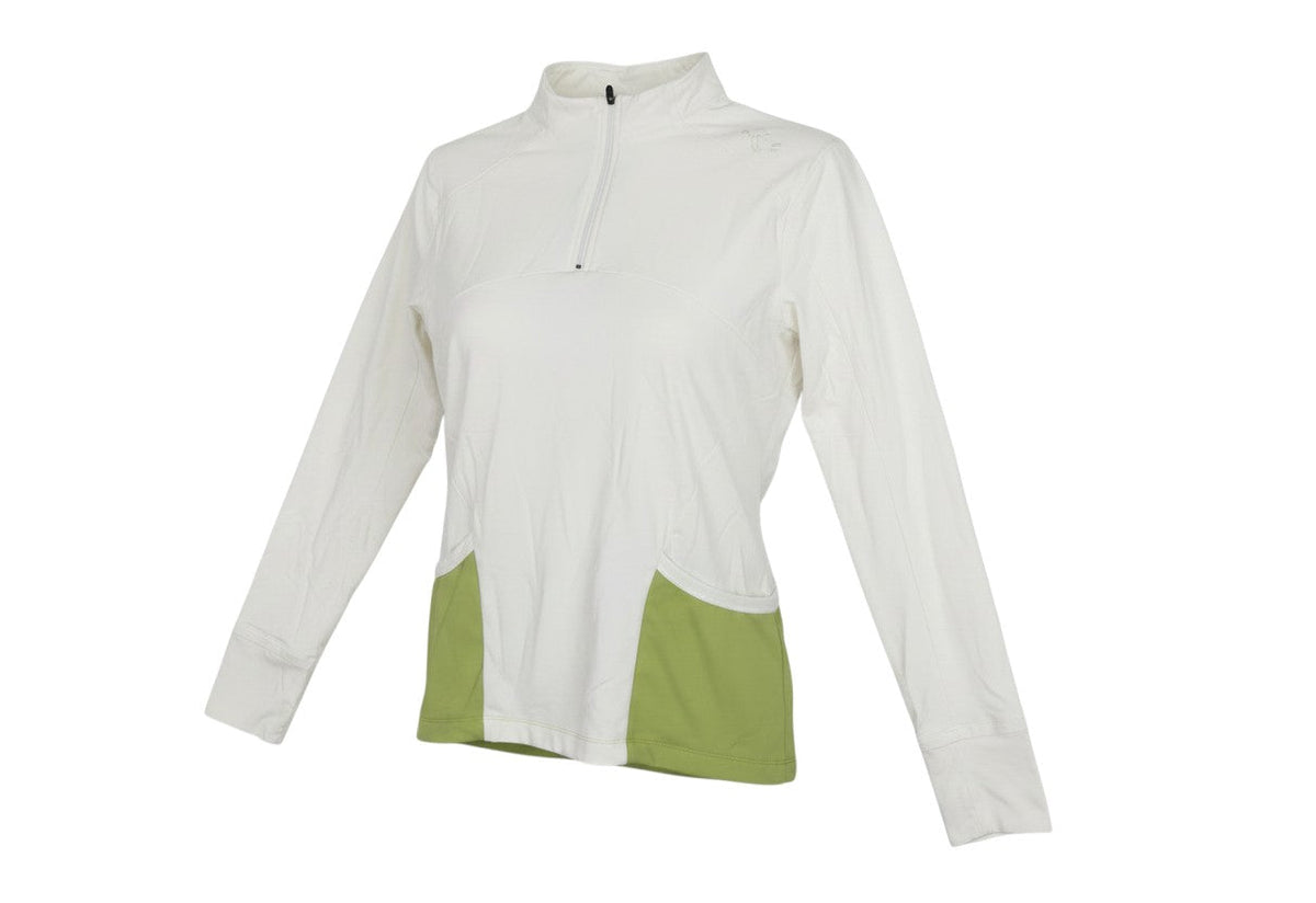 Prewornwholesale ivory and green half-zip athletic pullover hoodie with long sleeves and performance fabric