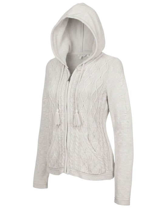 Prewornwholesale Surface women's ivory linen cable knit full zip hoodie with tasselled hood drawstrings