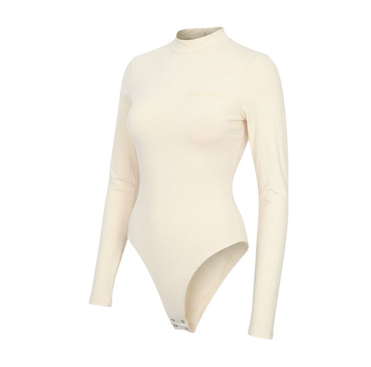 Prewornwholesale ivory long sleeve bodysuit with a high neckline, zip back, and subtle embroidered chest logo.
