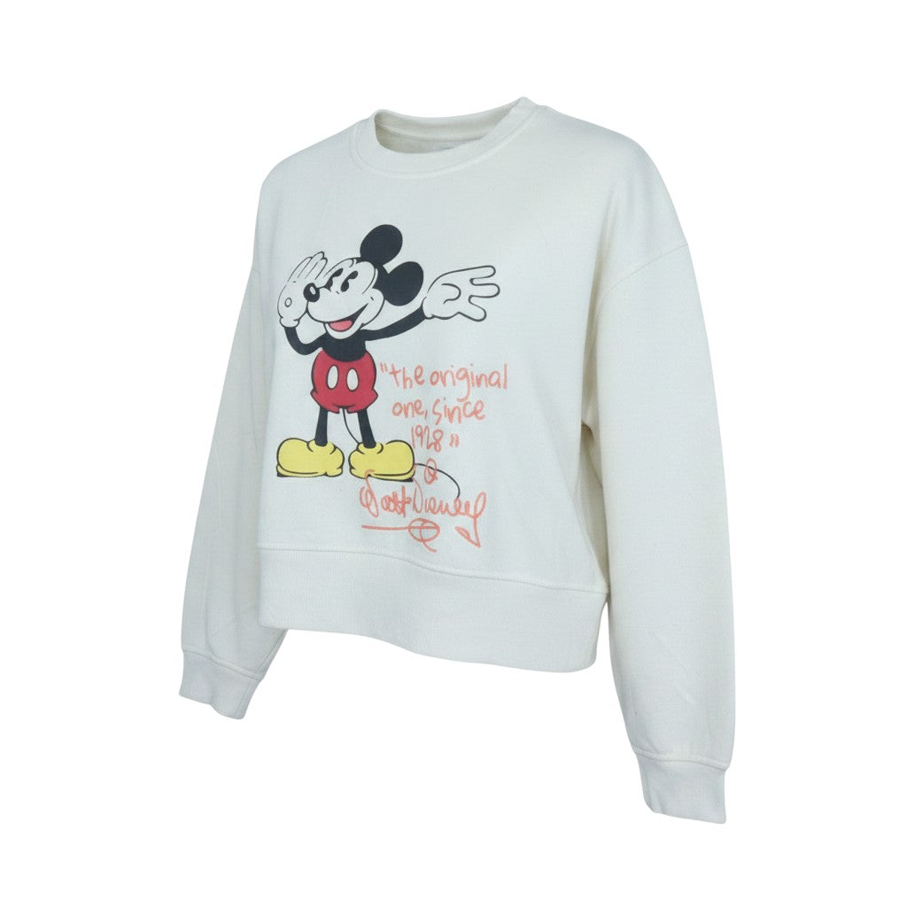 Prewornwholesale ivory cropped fleece sweatshirt featuring a vintage Mickey Mouse graphic and ribbed trim details.