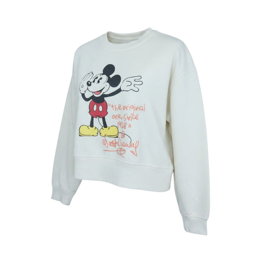 Prewornwholesale ivory cropped fleece sweatshirt featuring a vintage Mickey Mouse graphic and ribbed trim details.