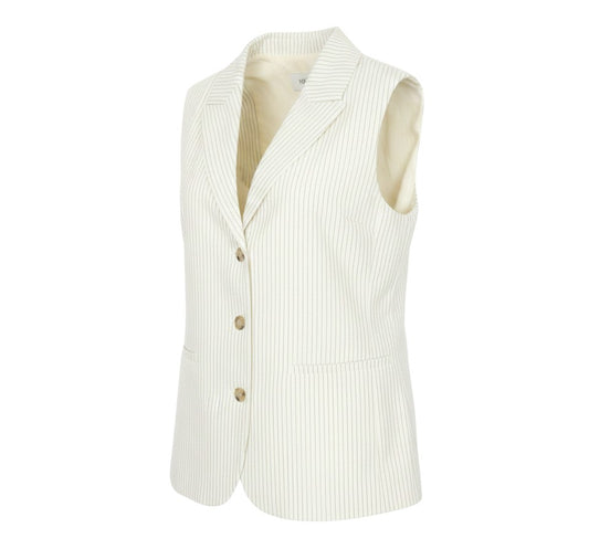 Prewornwholesale ivory tailored waistcoat with grey pinstripes, notch lapels, and three tortoiseshell-effect buttons.