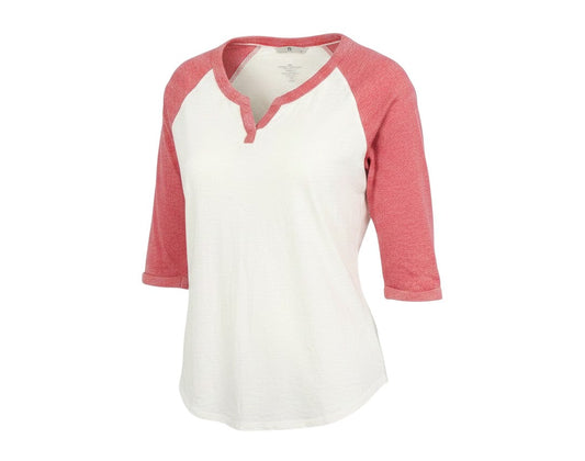 Prewornwholesale TU ivory and red cotton ringer t-shirt with three-quarter sleeves and a notched crew neckline.