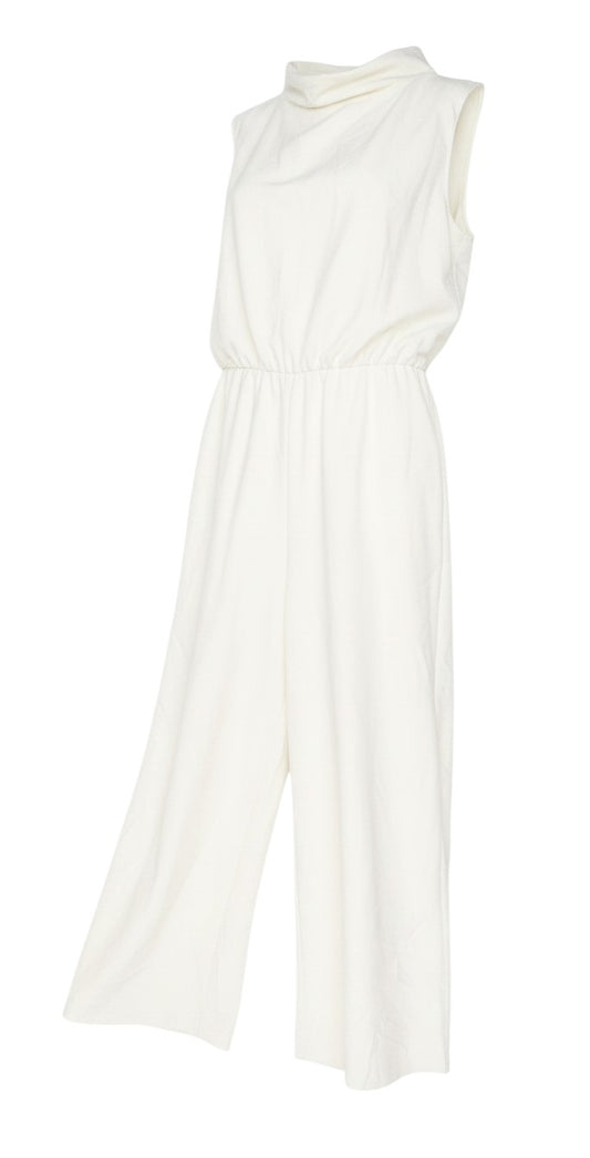 Prewornwholesale ivory sleeveless wide-leg jumpsuit with a gathered waist in smooth stretch fabric
