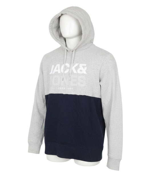 Prewornwholesale Jack & Jones grey and navy colour-block pullover hoodie with white chest logo and drawstring hood